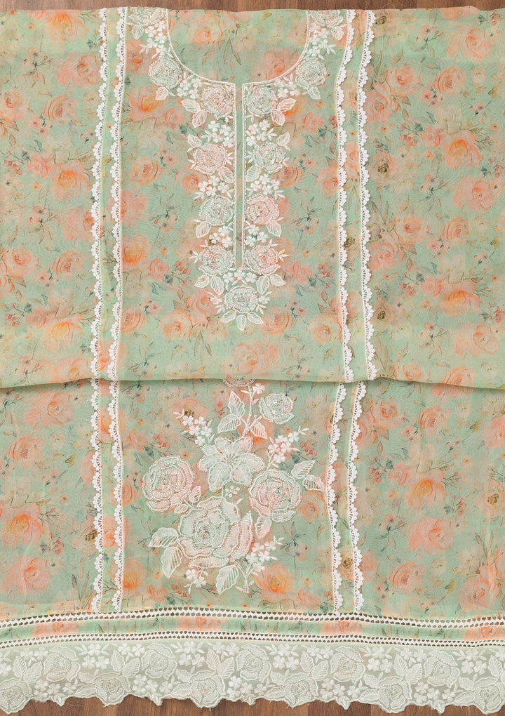 Sea Green Printed Organza Unstitched Salwar Suit-Koskii
