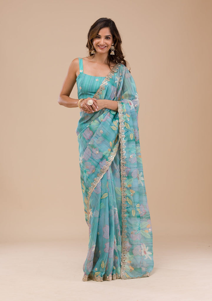 Sea Green Printed Organza Saree-Koskii