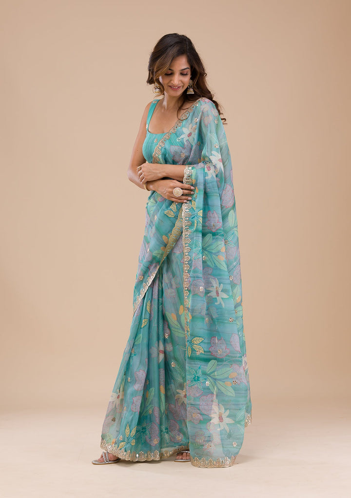 Sea Green Printed Organza Saree-Koskii