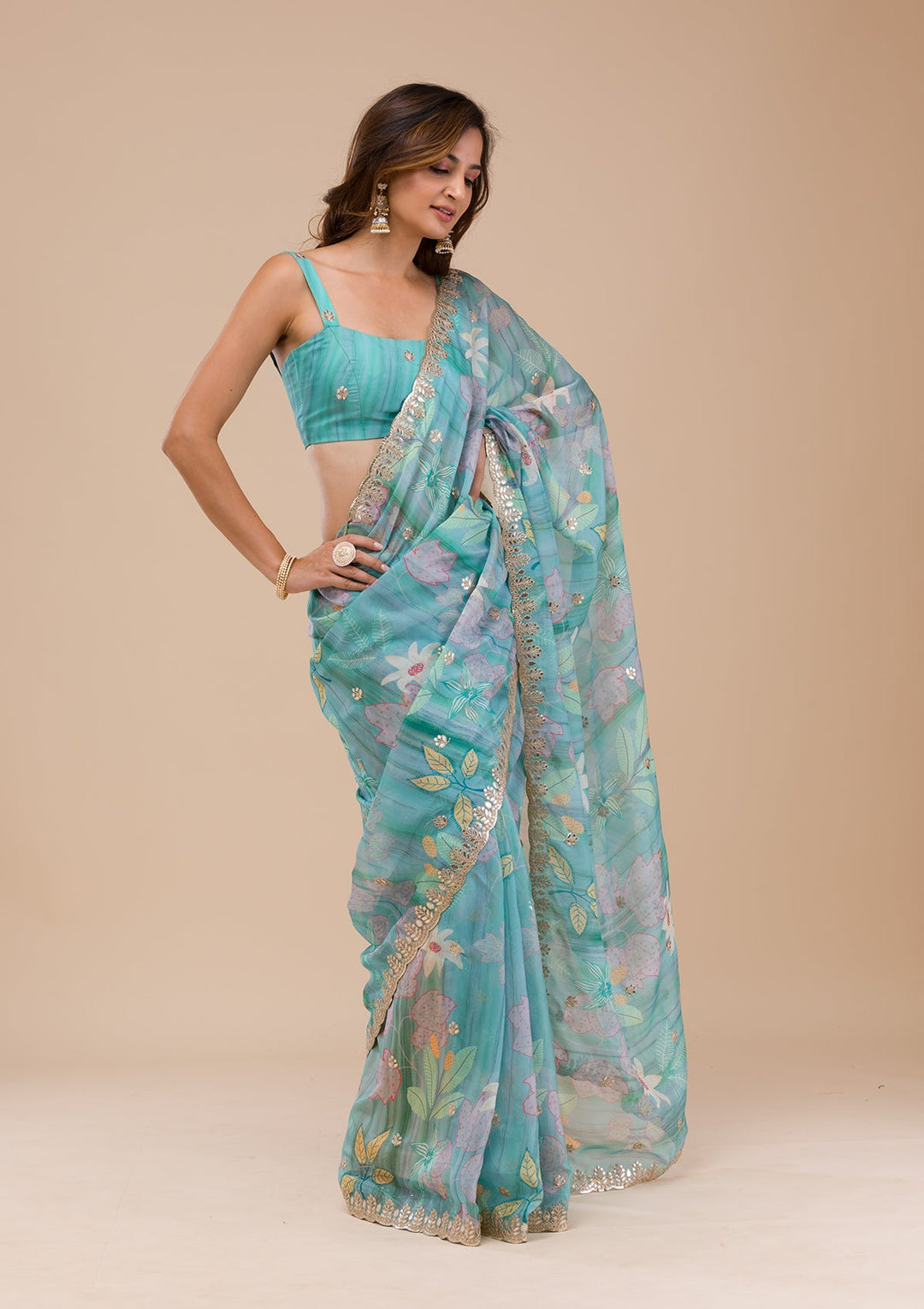 Sea Green Printed Organza Saree-Koskii