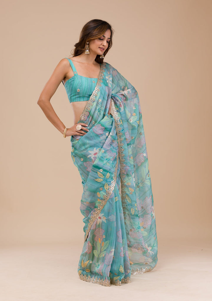 Sea Green Printed Organza Saree-Koskii