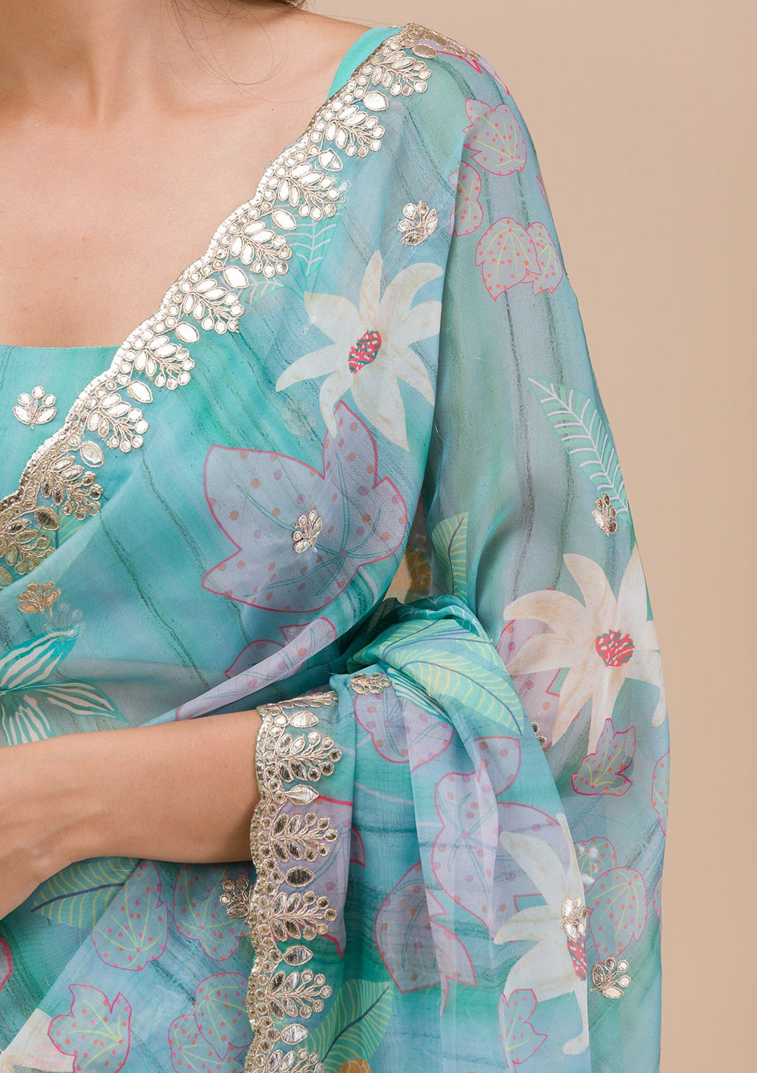 Sea Green Printed Organza Saree-Koskii