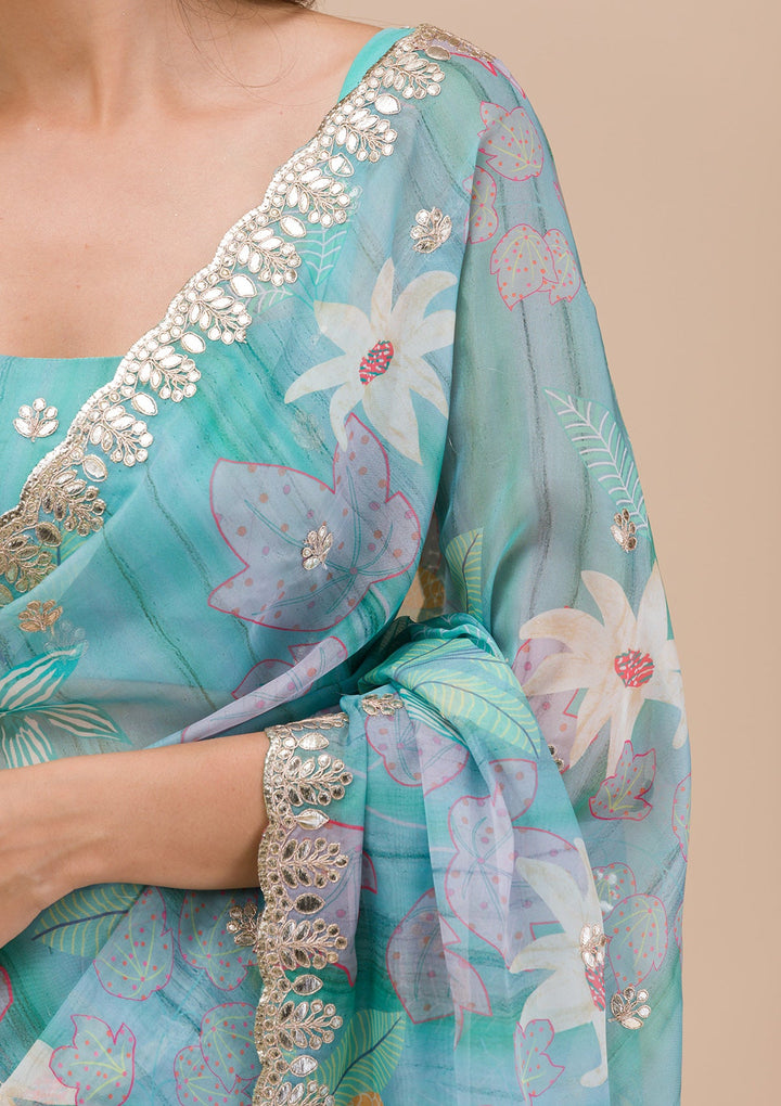 Sea Green Printed Organza Saree-Koskii