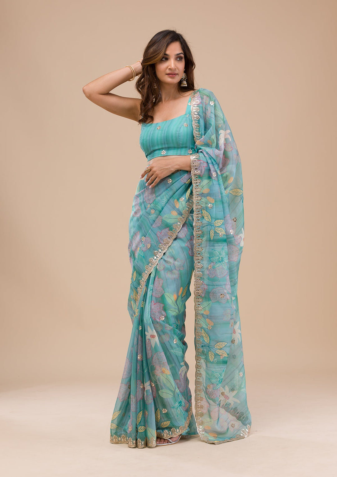 Sea Green Printed Organza Saree-Koskii