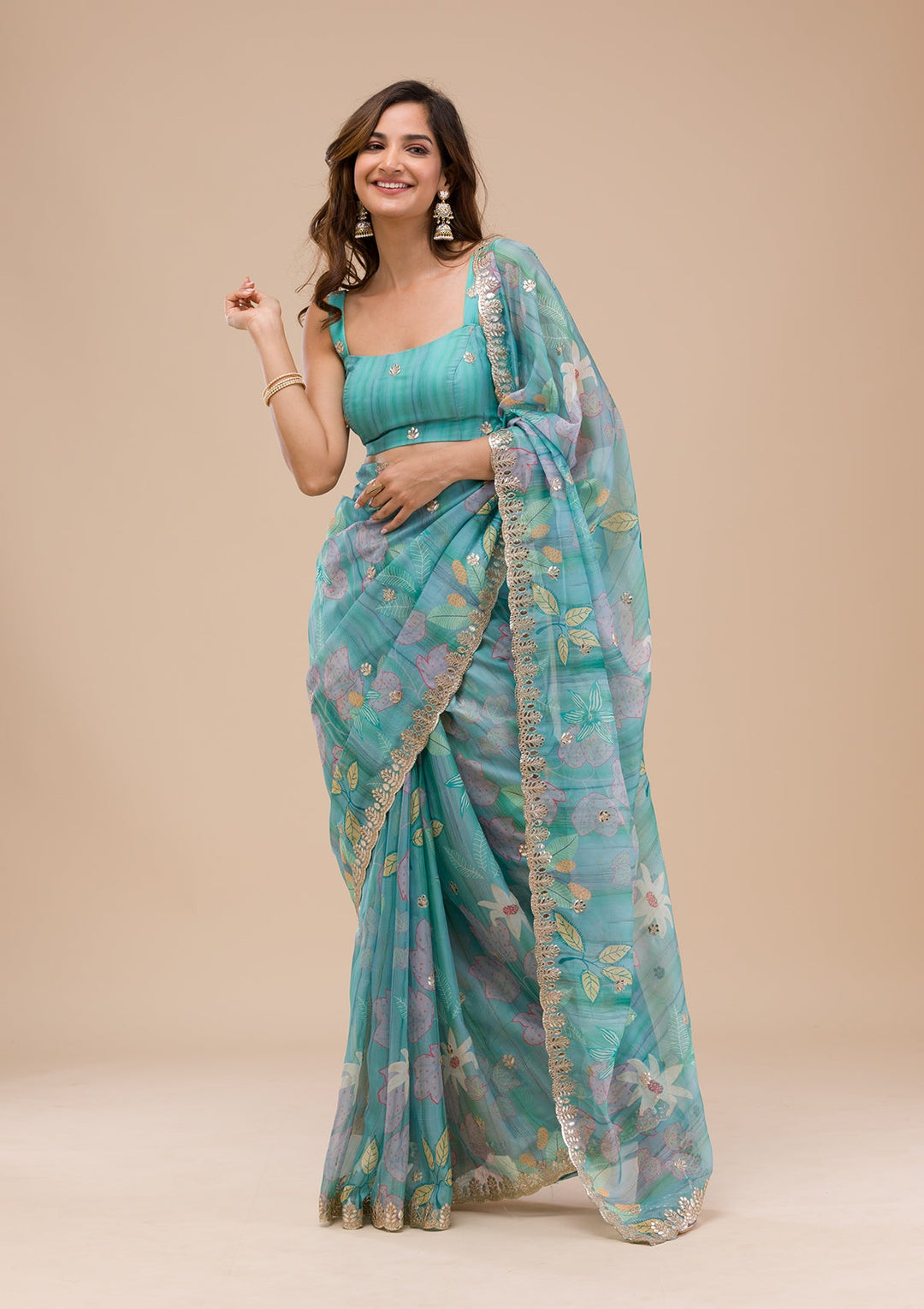 Sea Green Printed Organza Saree-Koskii