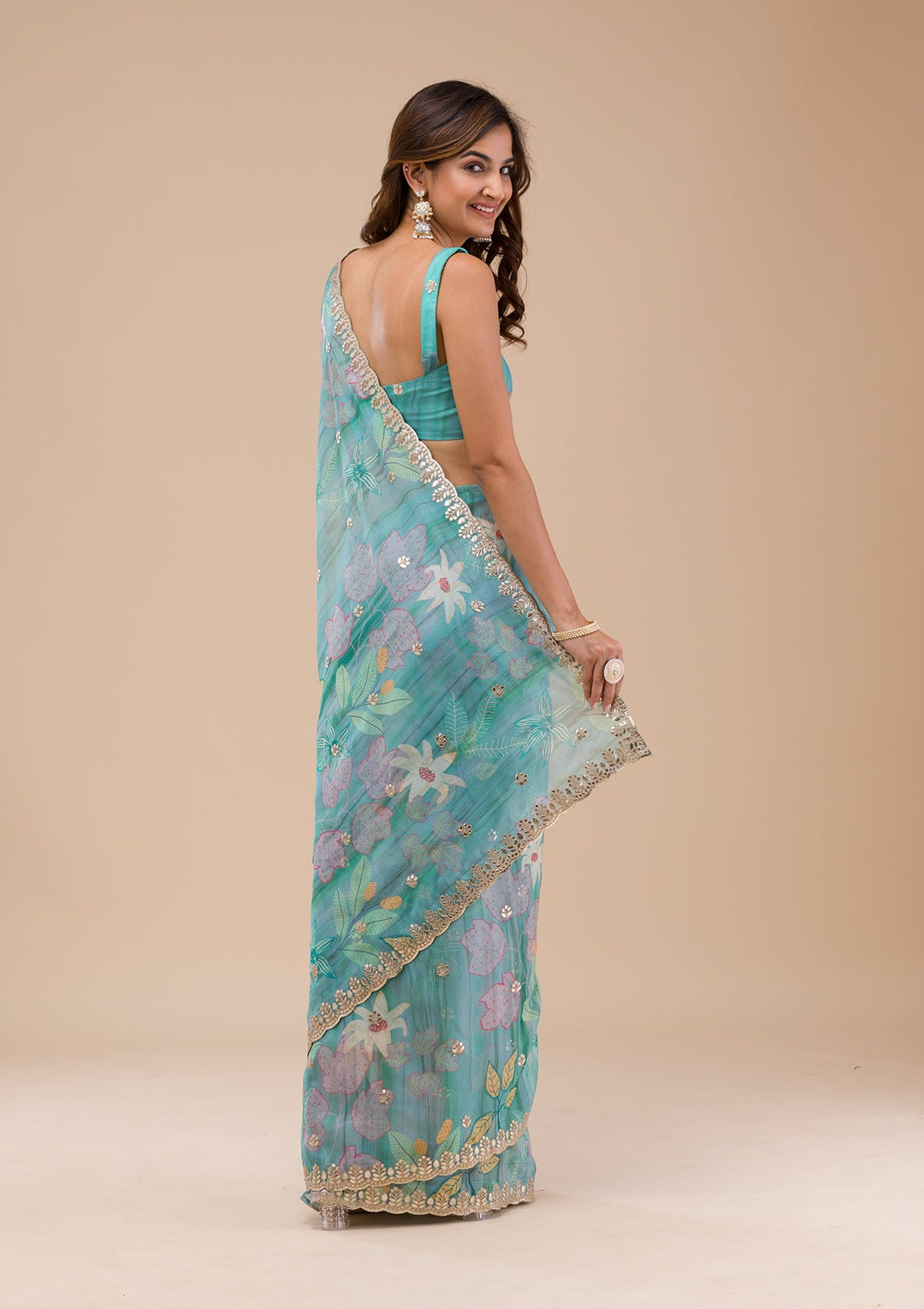 Sea Green Printed Organza Saree-Koskii