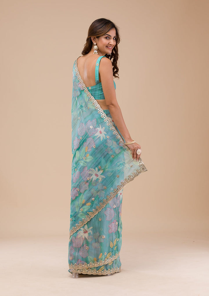 Sea Green Printed Organza Saree-Koskii
