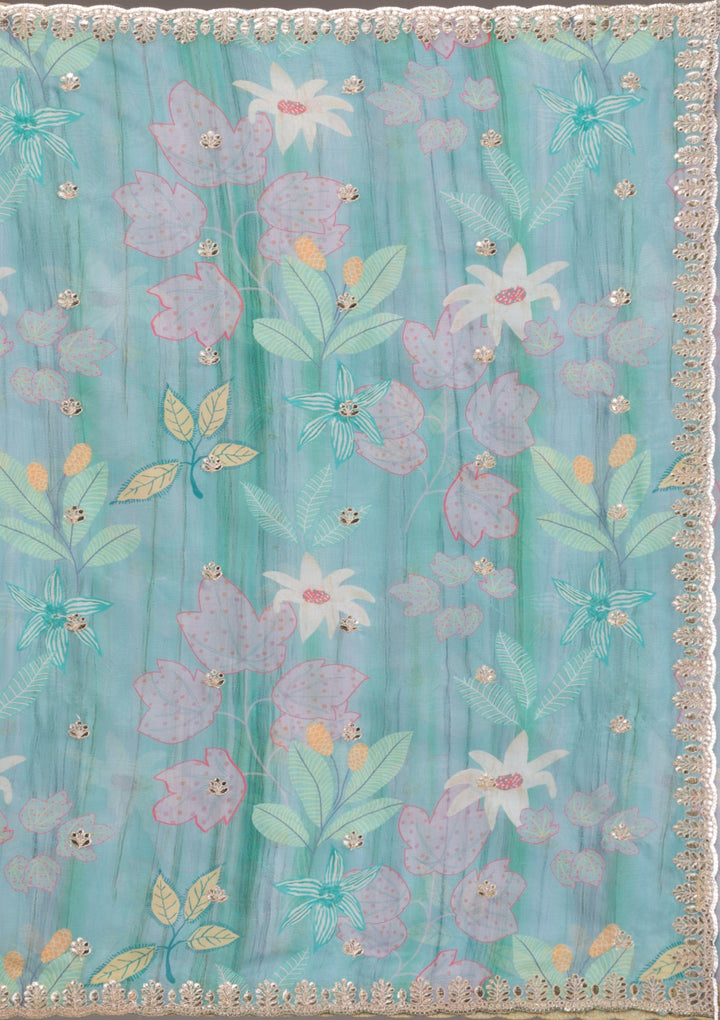Sea Green Printed Organza Saree-Koskii