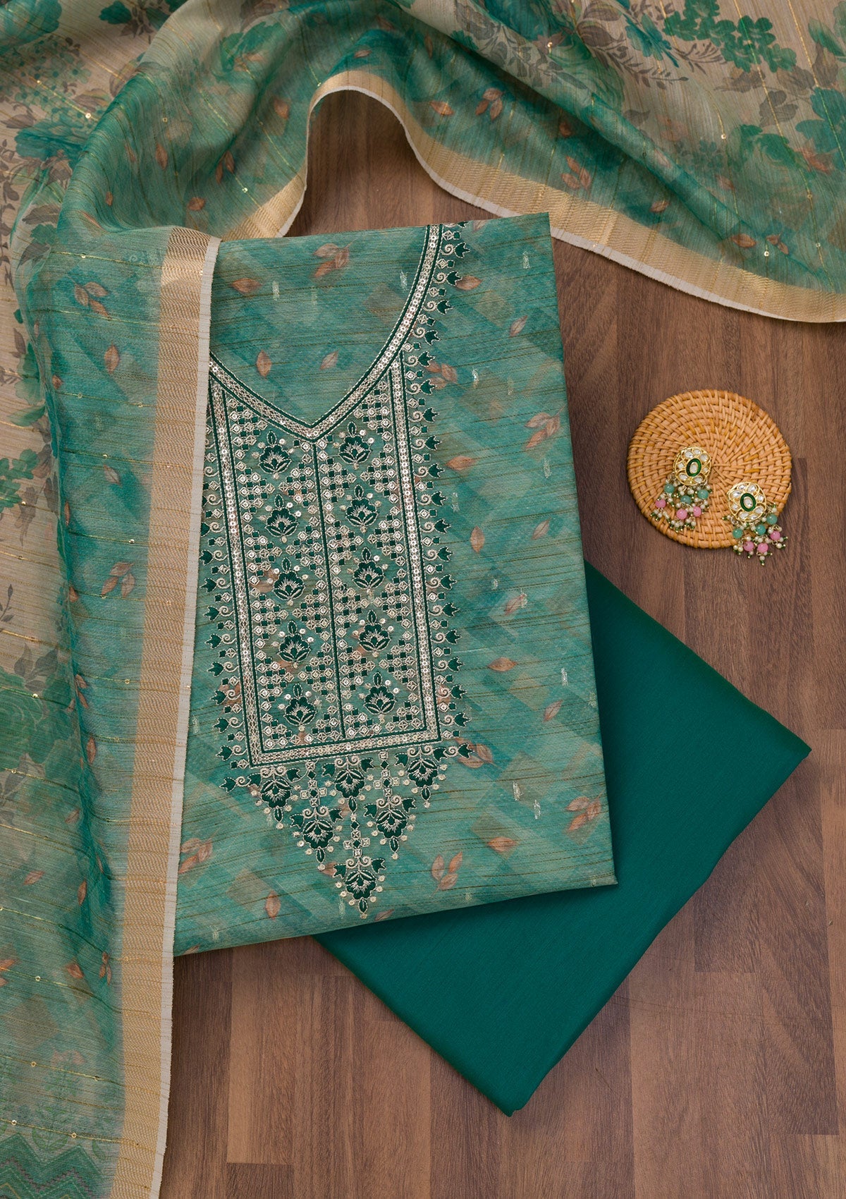 Sea Green Printed Raw Silk Unstitched Salwar Suit-Koskii