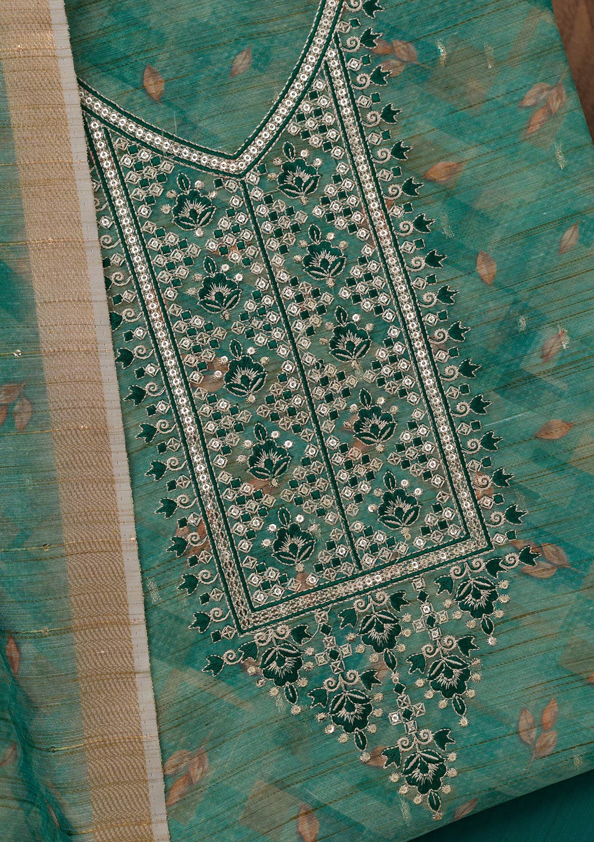 Sea Green Printed Raw Silk Unstitched Salwar Suit-Koskii