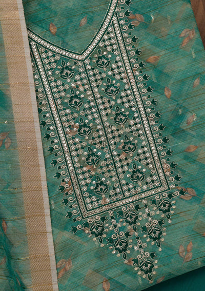 Sea Green Printed Raw Silk Unstitched Salwar Suit-Koskii