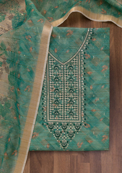 Sea Green Printed Raw Silk Unstitched Salwar Suit-Koskii