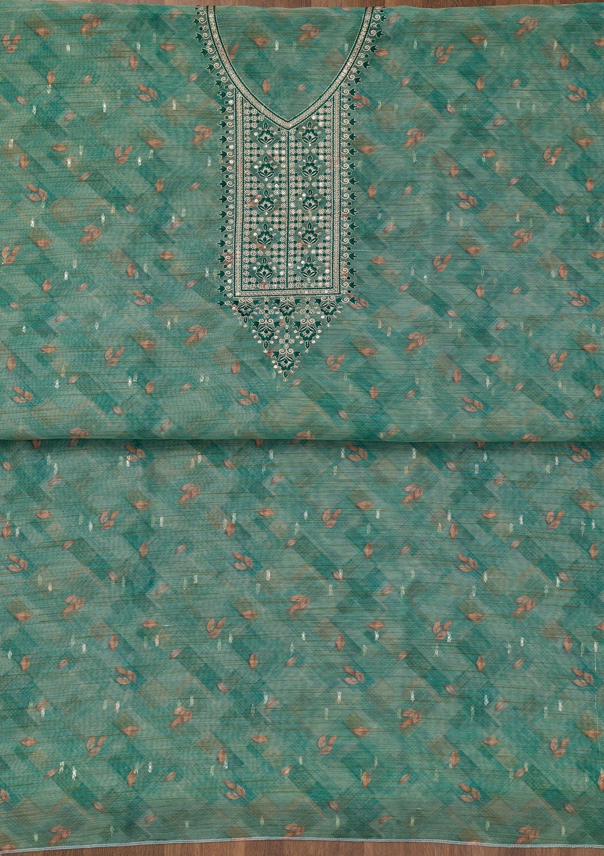 Sea Green Printed Raw Silk Unstitched Salwar Suit-Koskii