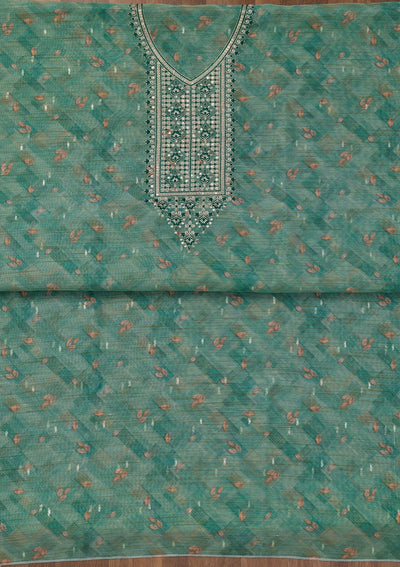 Sea Green Printed Raw Silk Unstitched Salwar Suit-Koskii