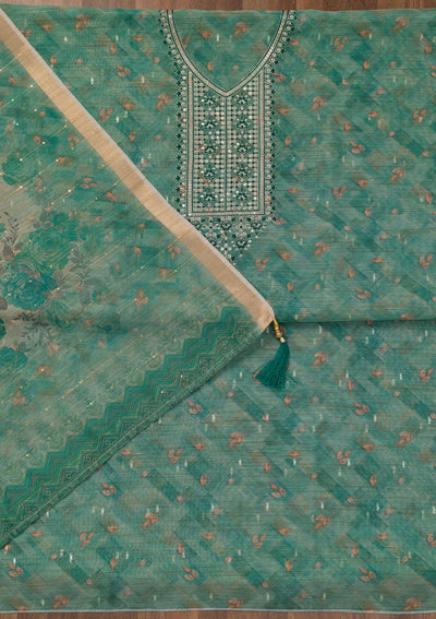 Sea Green Printed Raw Silk Unstitched Salwar Suit-Koskii