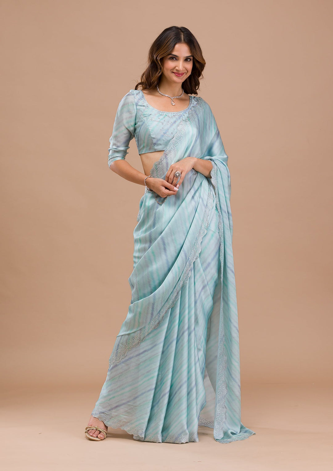 Sea Green Printed Satin Saree-Koskii