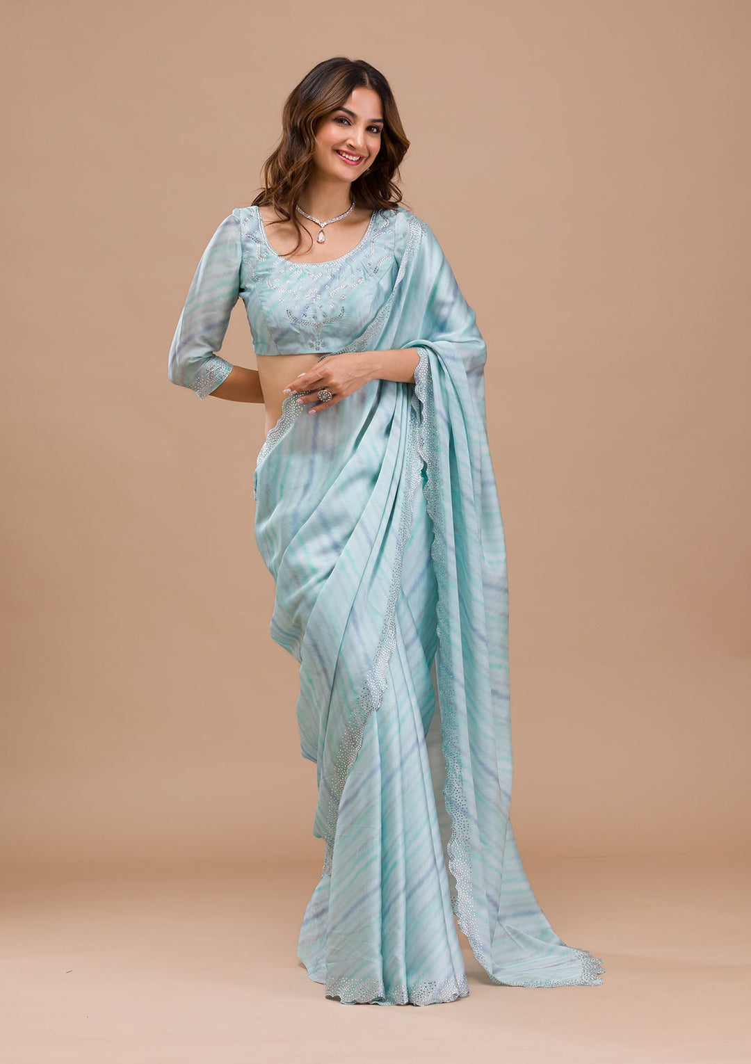 Sea Green Printed Satin Saree-Koskii