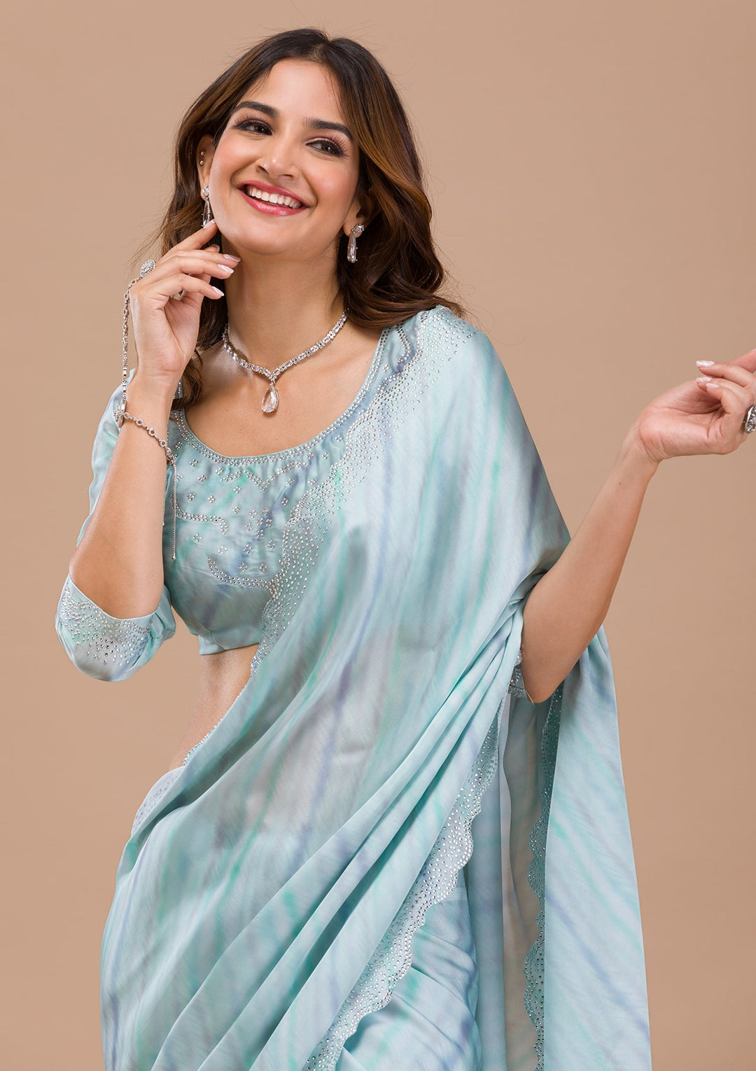 Sea Green Printed Satin Saree-Koskii