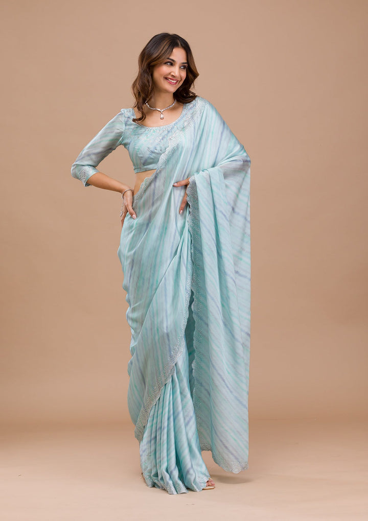 Sea Green Printed Satin Saree-Koskii