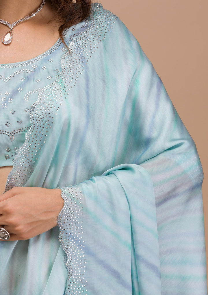 Sea Green Printed Satin Saree-Koskii