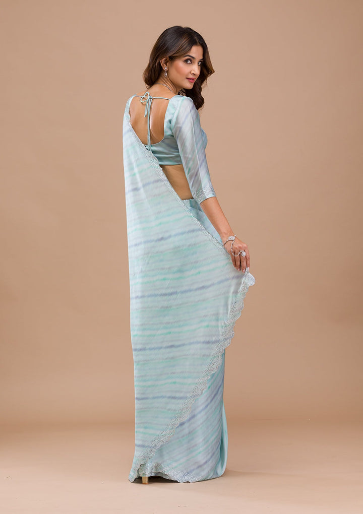 Sea Green Printed Satin Saree-Koskii