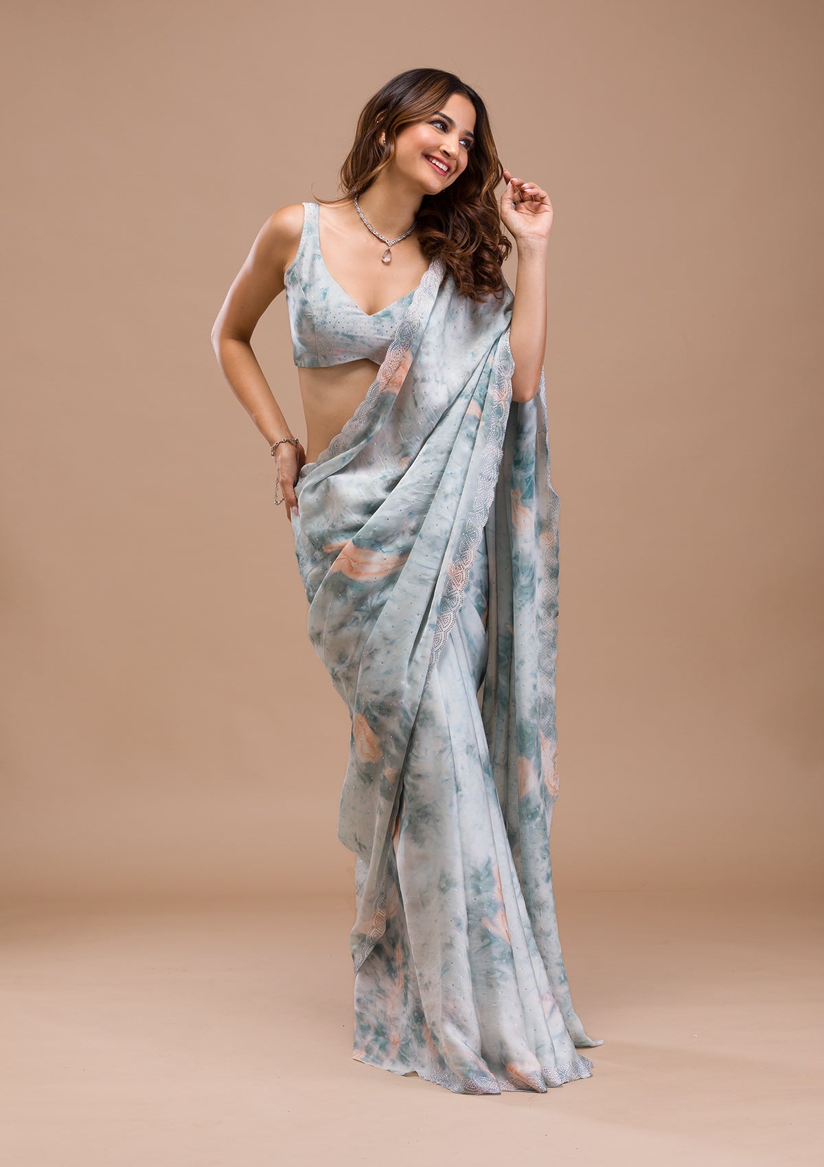 Sea Green Printed Satin Saree-Koskii