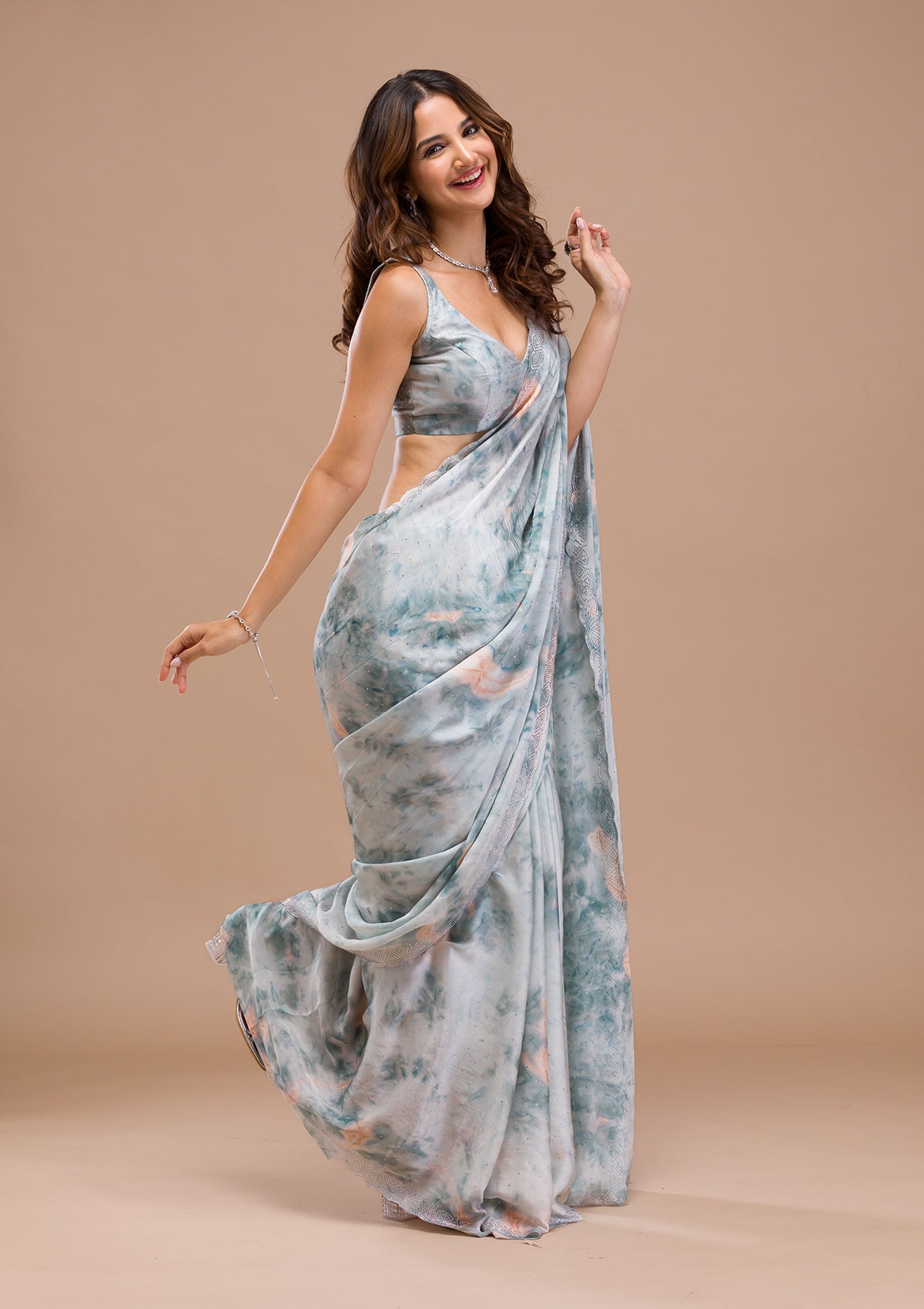 Sea Green Printed Satin Saree-Koskii