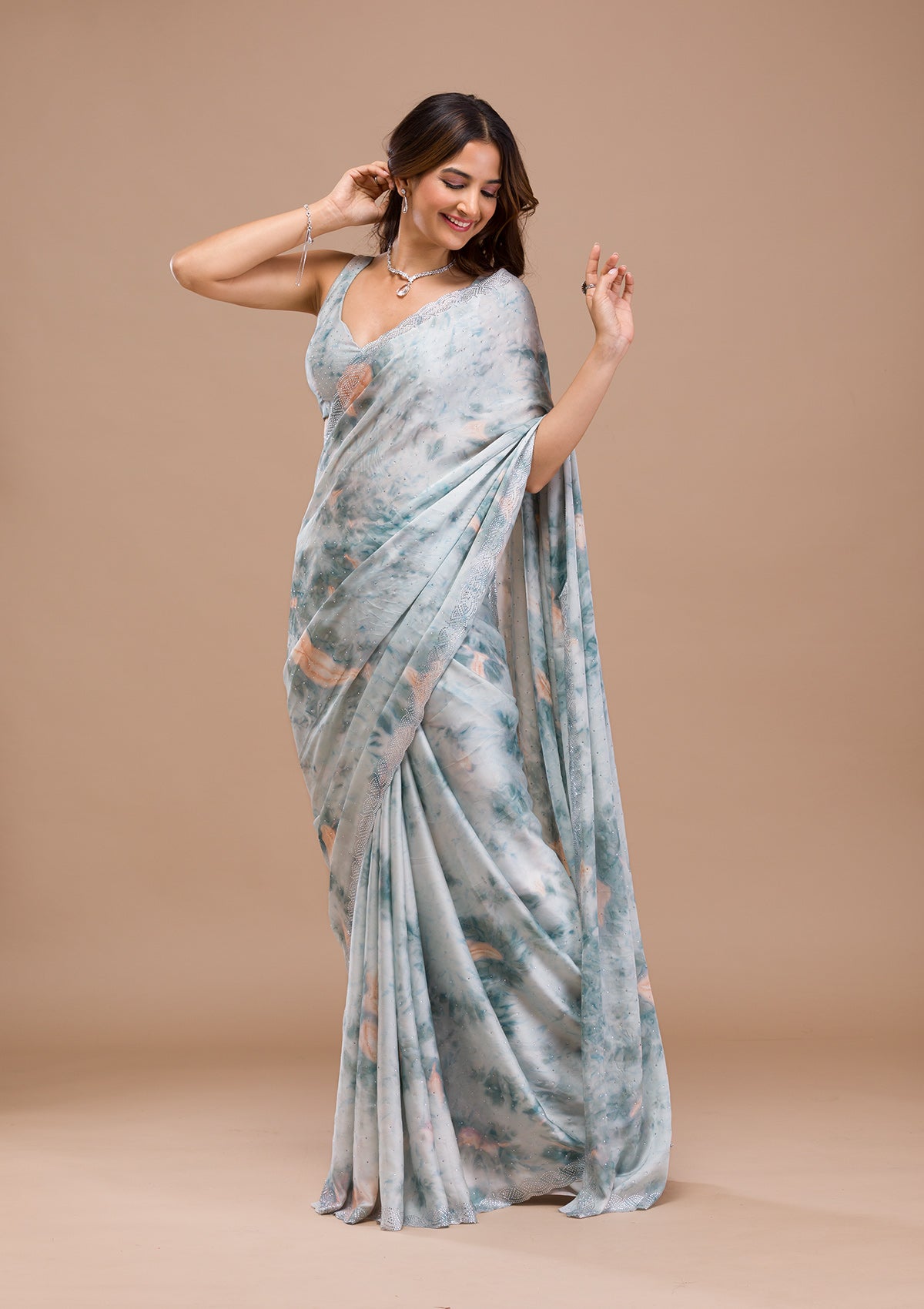 Sea Green Printed Satin Saree-Koskii