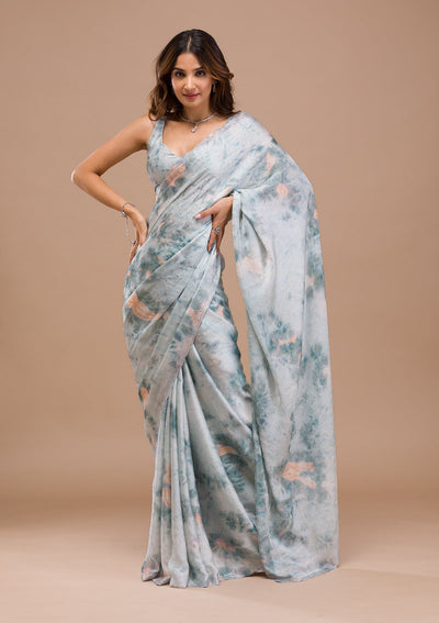 Sea Green Printed Satin Saree-Koskii