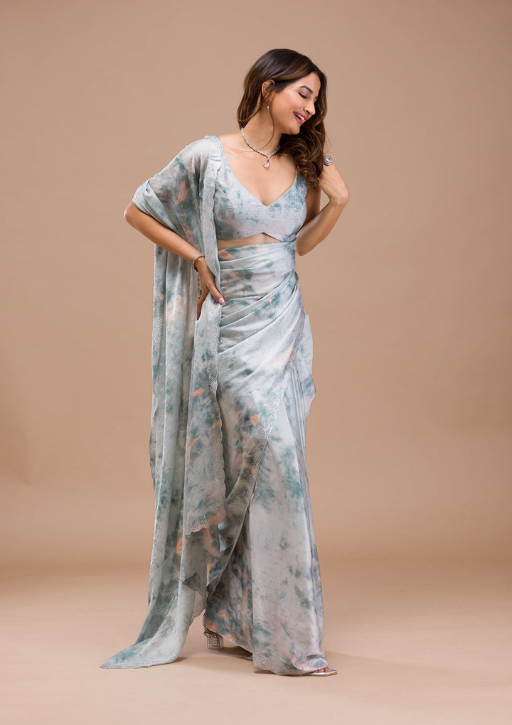 Sea Green Printed Satin Saree-Koskii