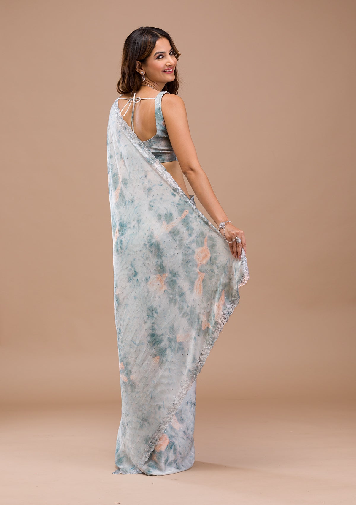 Sea Green Printed Satin Saree-Koskii