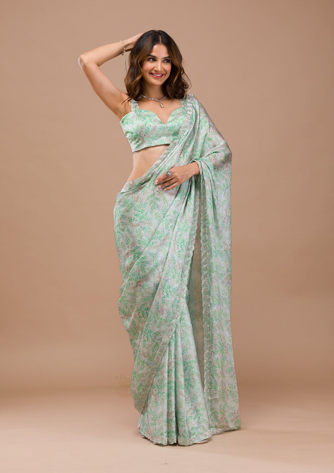 Sea Green Printed Satin Saree-Koskii