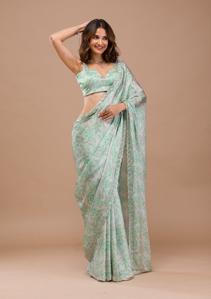 Sea Green Printed Satin Saree-Koskii