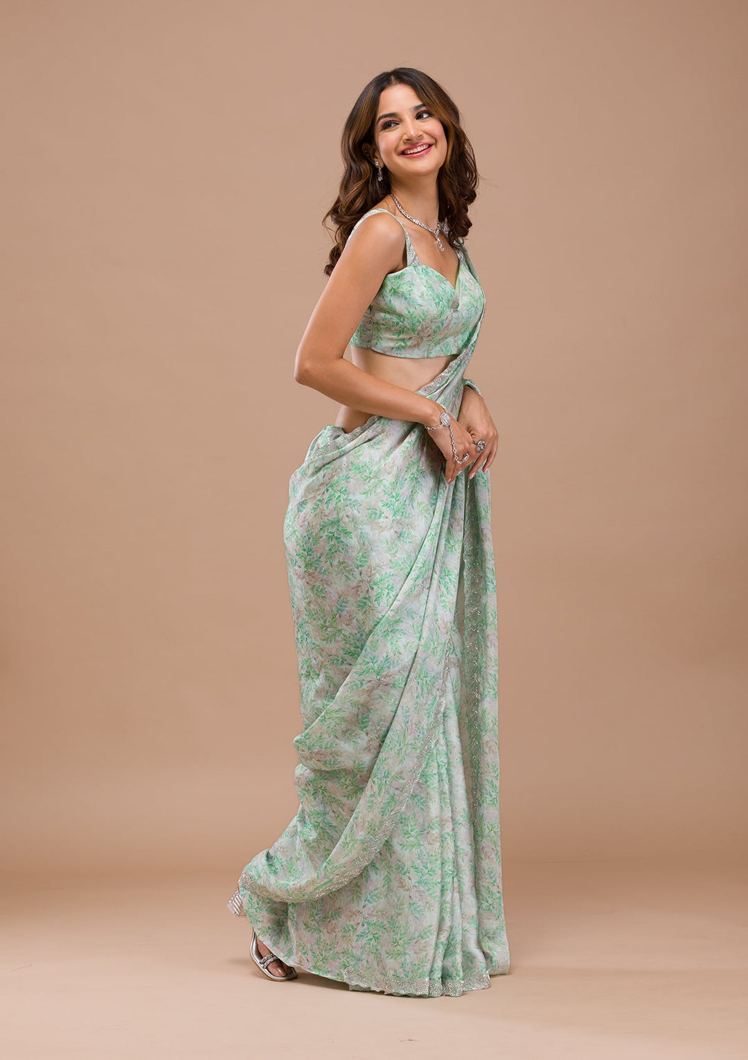 Sea Green Printed Satin Saree-Koskii