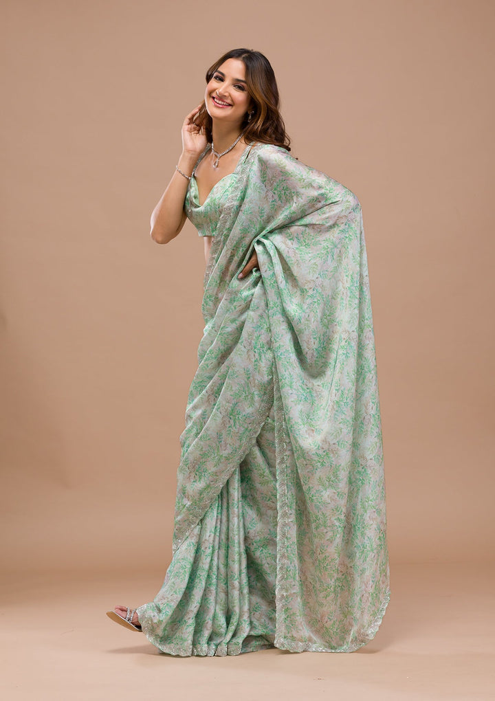 Sea Green Printed Satin Saree-Koskii