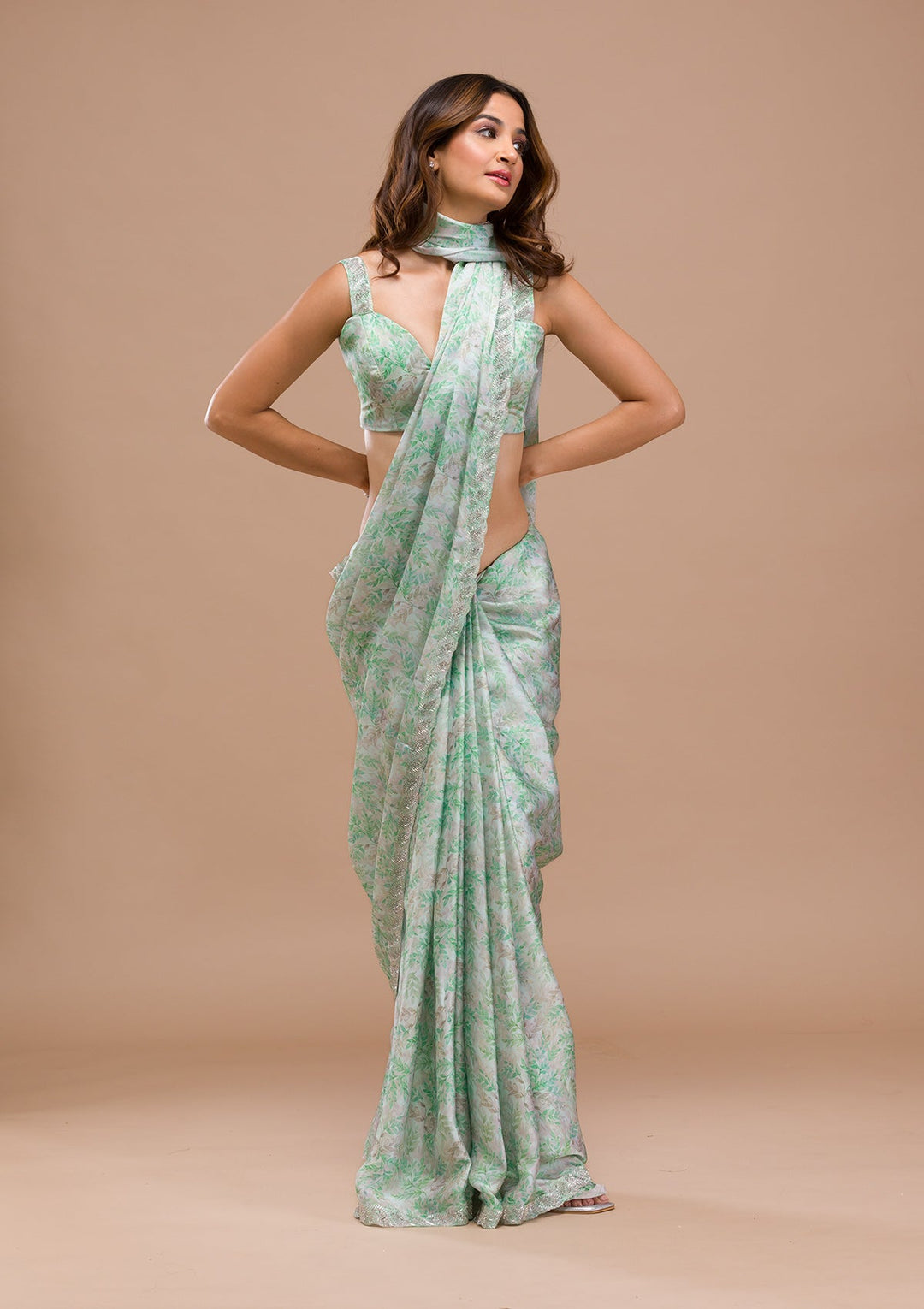 Sea Green Printed Satin Saree-Koskii