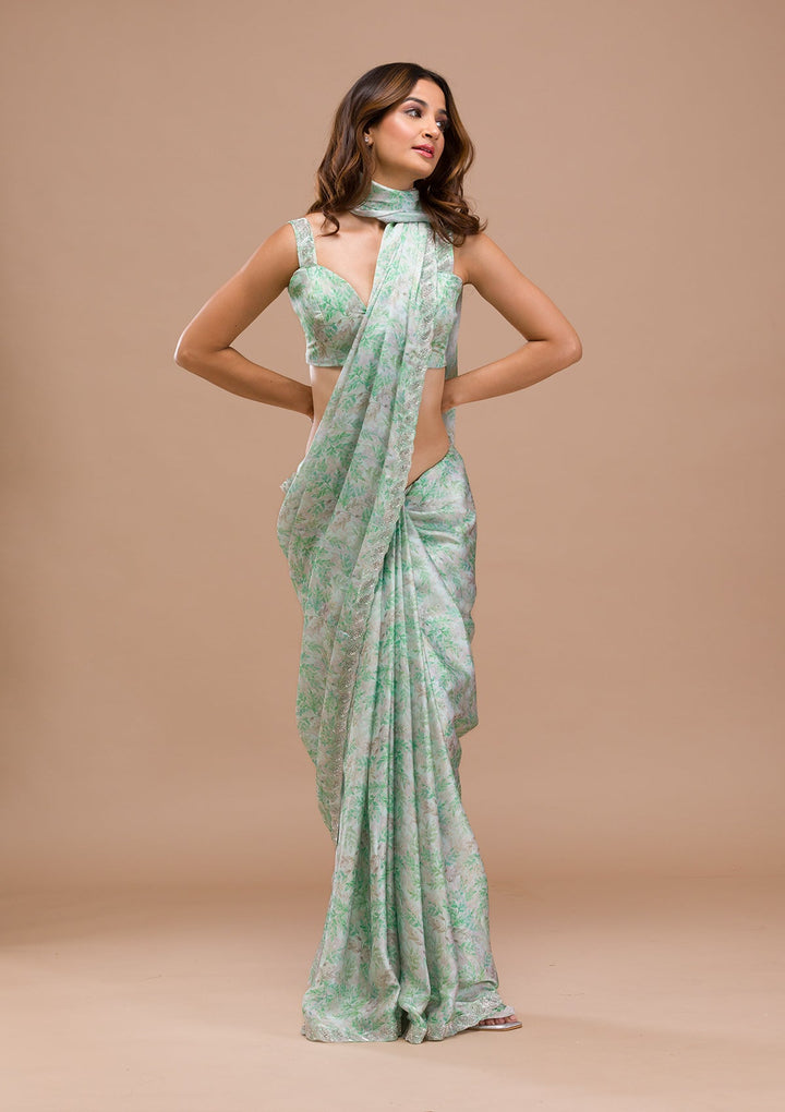Sea Green Printed Satin Saree-Koskii