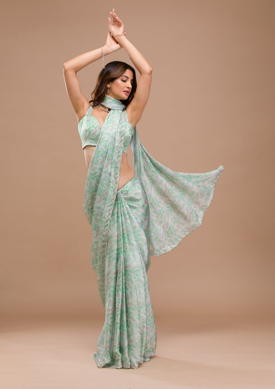 Sea Green Printed Satin Saree-Koskii