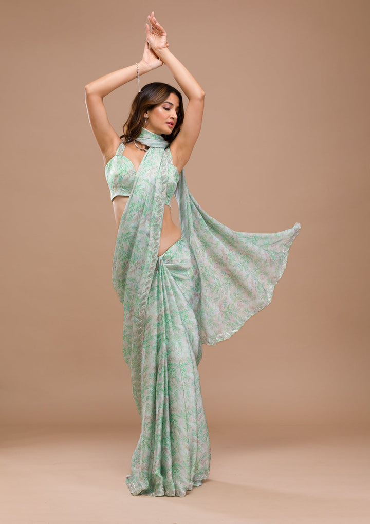 Sea Green Printed Satin Saree-Koskii