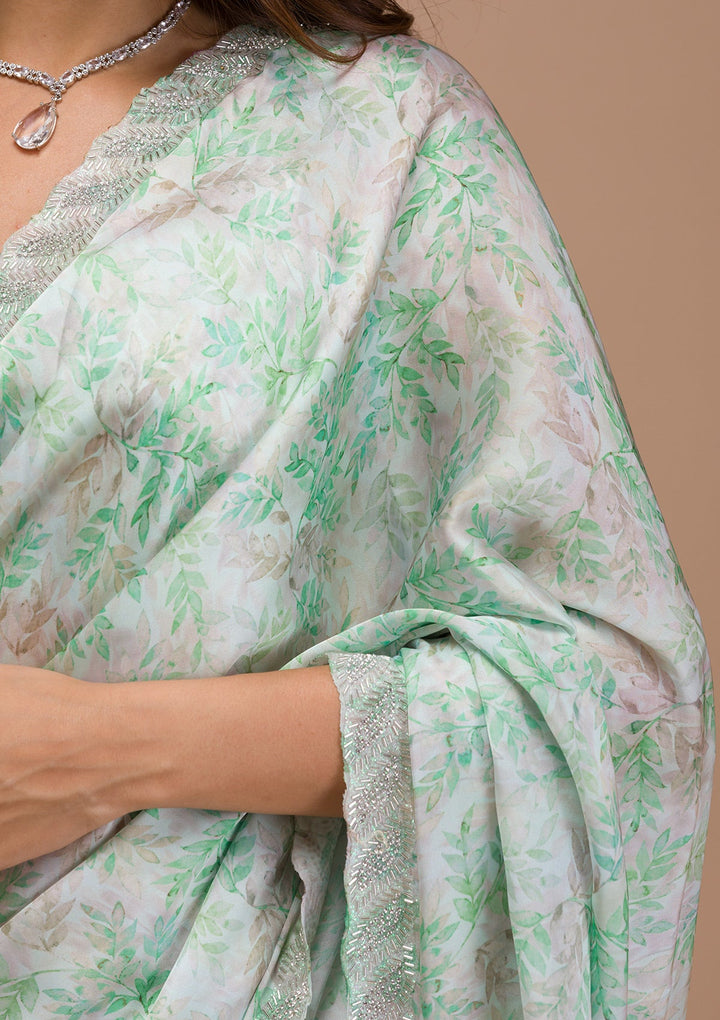 Sea Green Printed Satin Saree-Koskii