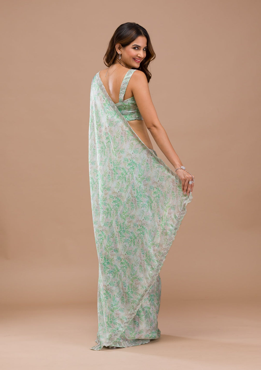 Sea Green Printed Satin Saree-Koskii