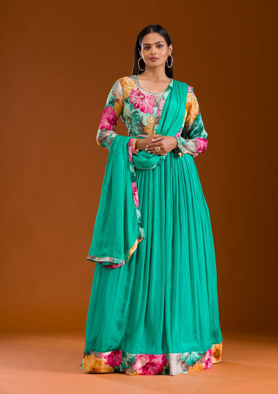 Sea Green Printed Semi Crepe Readymade Salwar Suit-Koskii