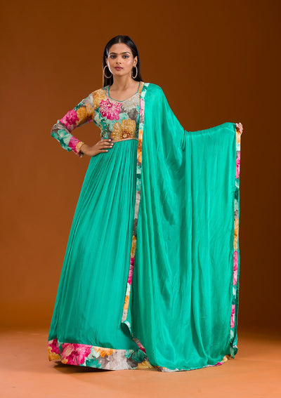 Sea Green Printed Semi Crepe Readymade Salwar Suit-Koskii