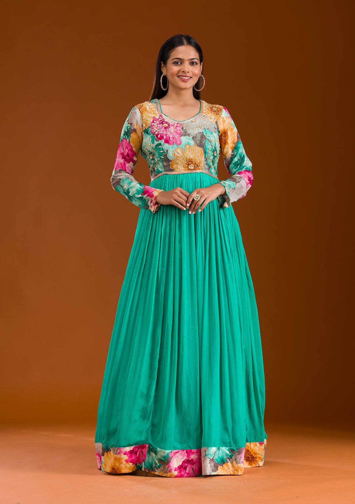 Sea Green Printed Semi Crepe Readymade Salwar Suit-Koskii