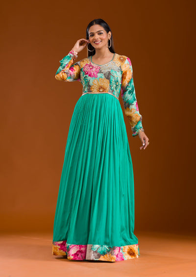 Sea Green Printed Semi Crepe Readymade Salwar Suit-Koskii