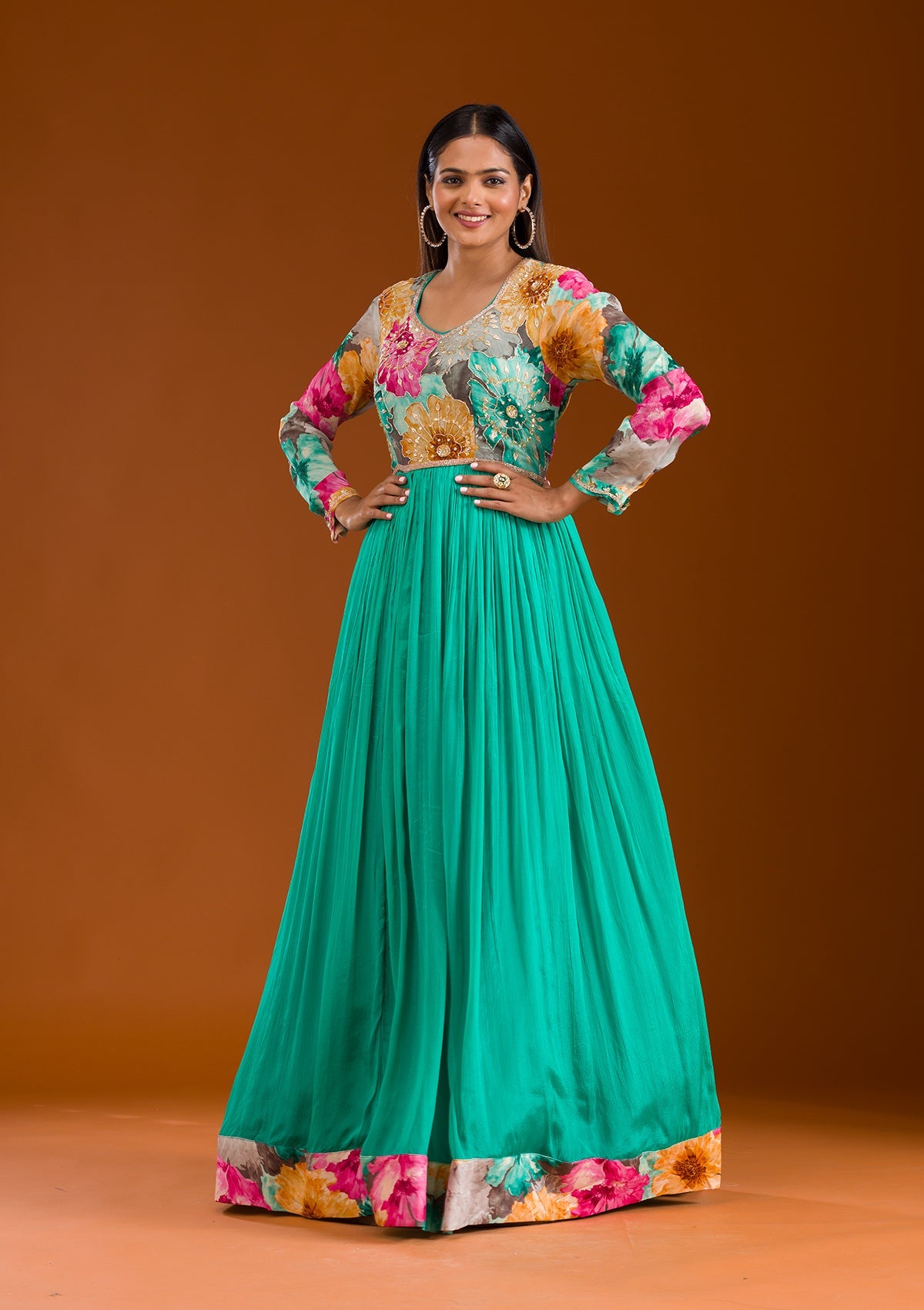 Sea Green Printed Semi Crepe Readymade Salwar Suit-Koskii