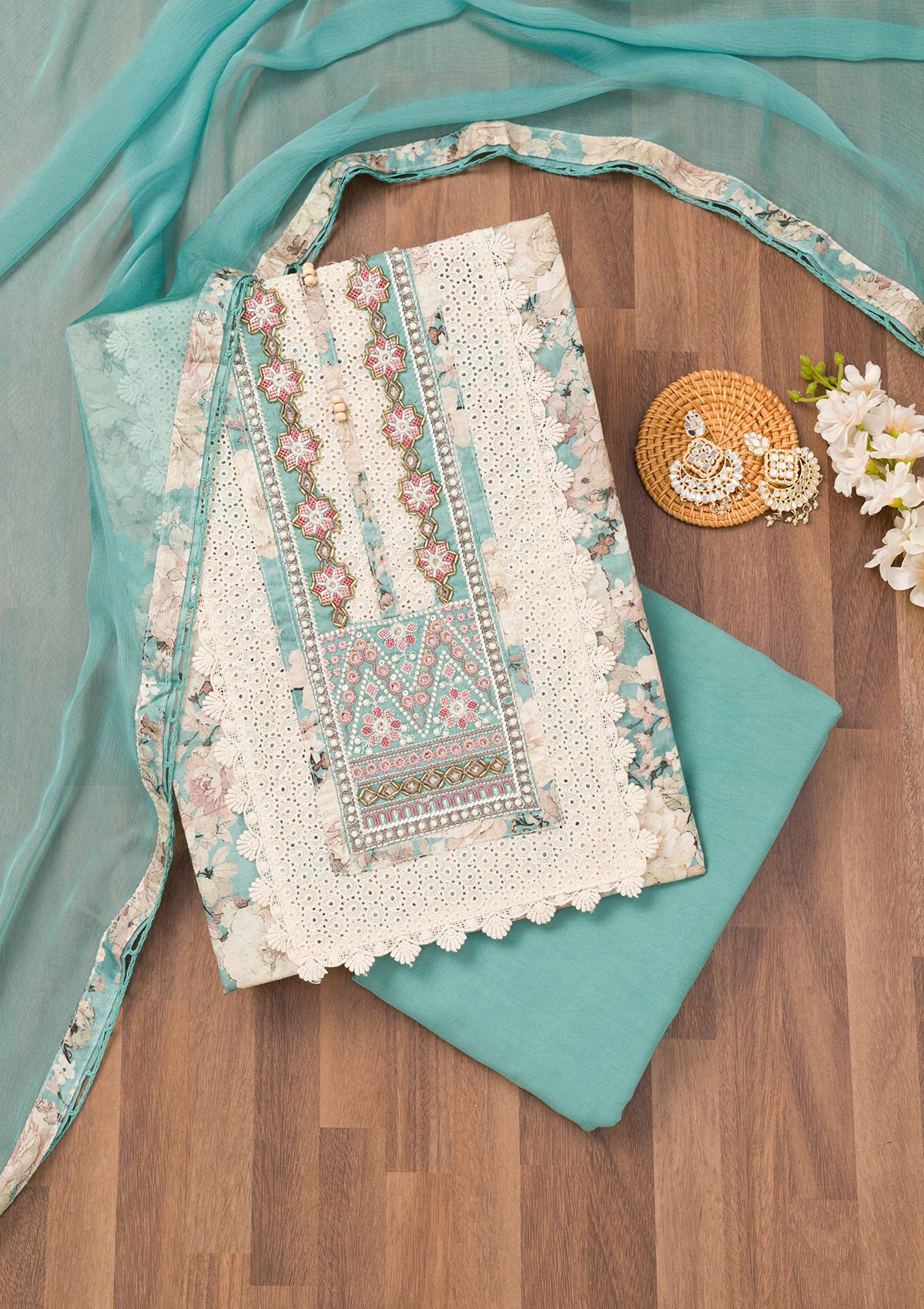 Sea Green Printed Semi Crepe Unstitched Salwar Suit-Koskii