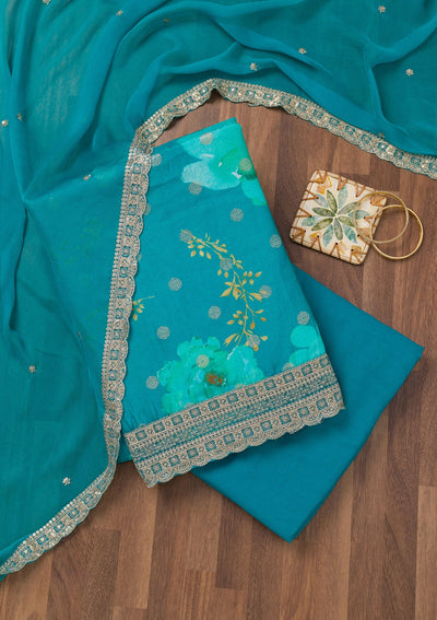 Sea Green Printed Semi Crepe Unstitched Salwar Suit-Koskii