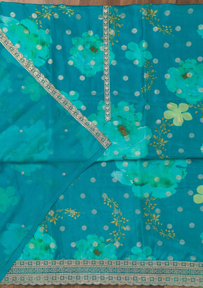 Sea Green Printed Semi Crepe Unstitched Salwar Suit-Koskii