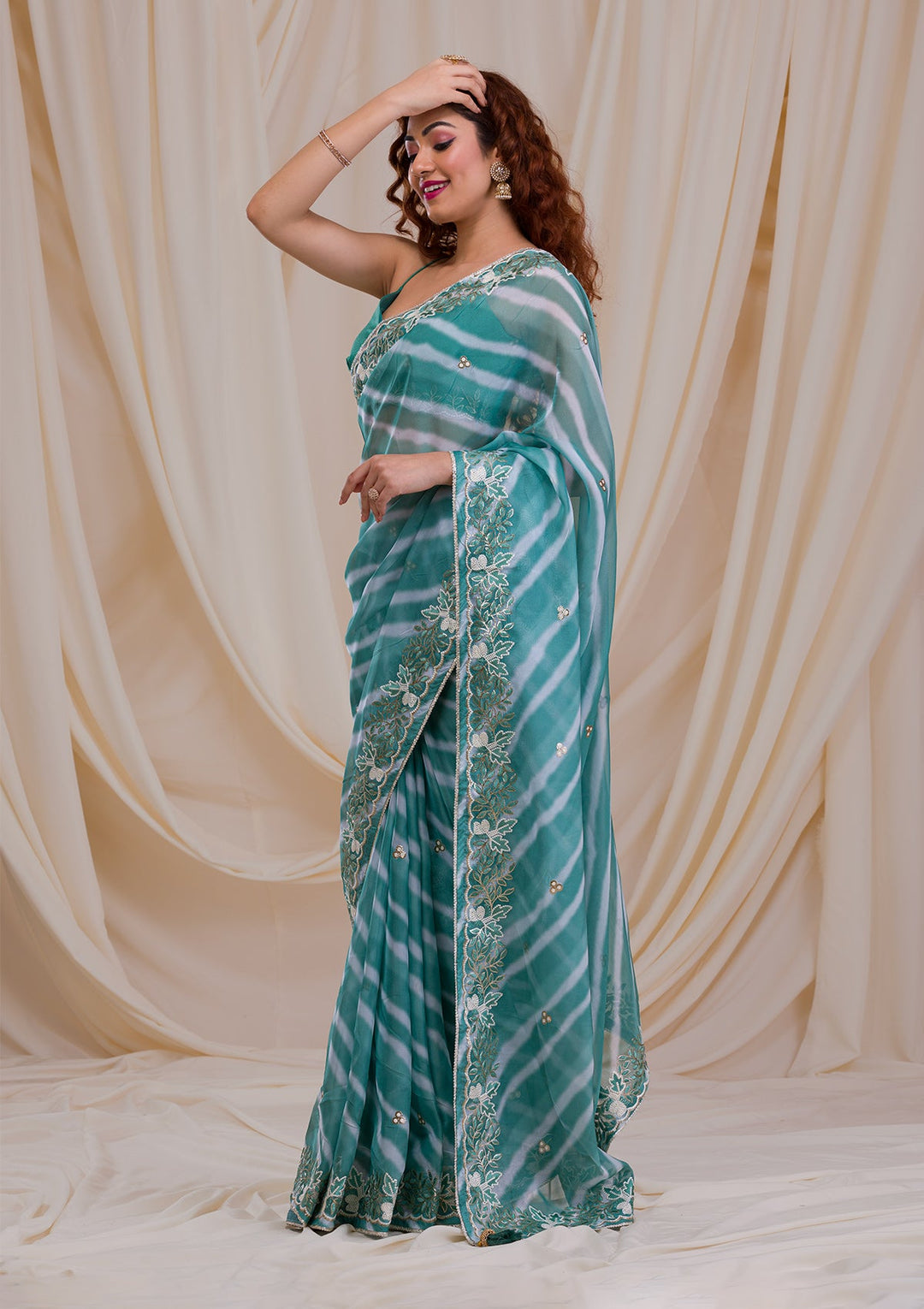 Sea Green Printed Semi Crepe Saree-Koskii